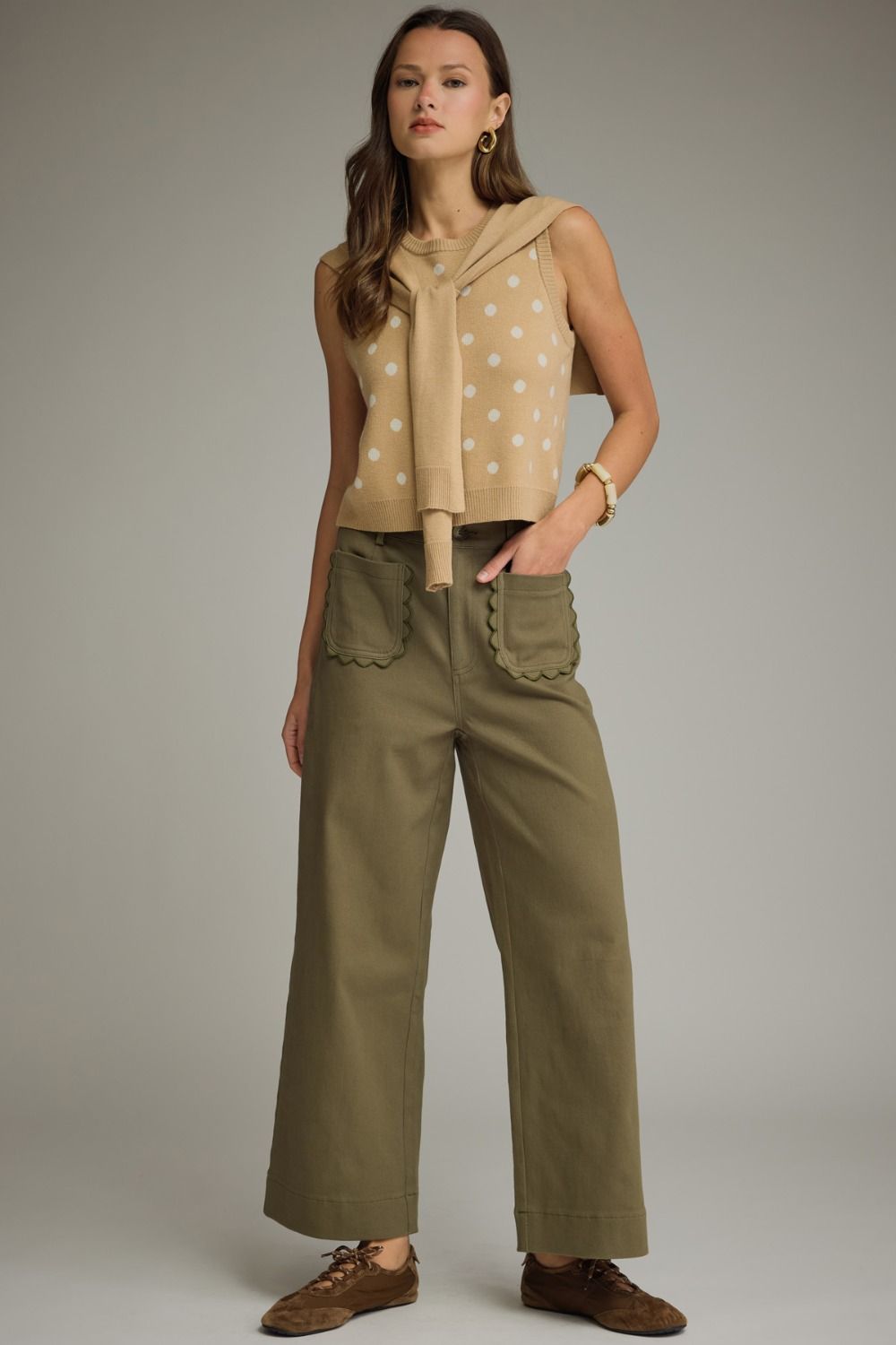 Solid wide leg pants featuring scallop accent trim PLUS