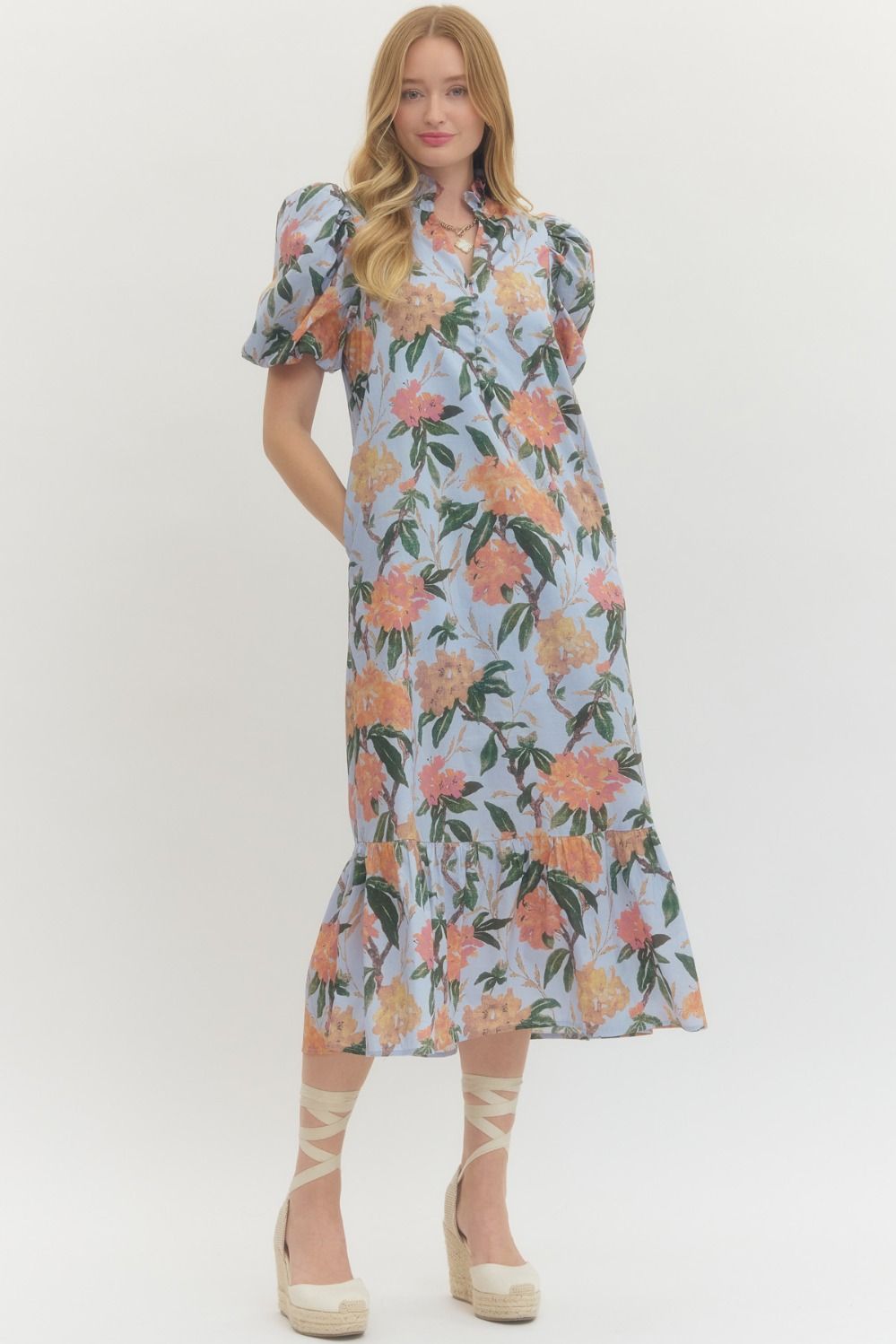 Floral print ruffled neck short puff sleeve midi dress