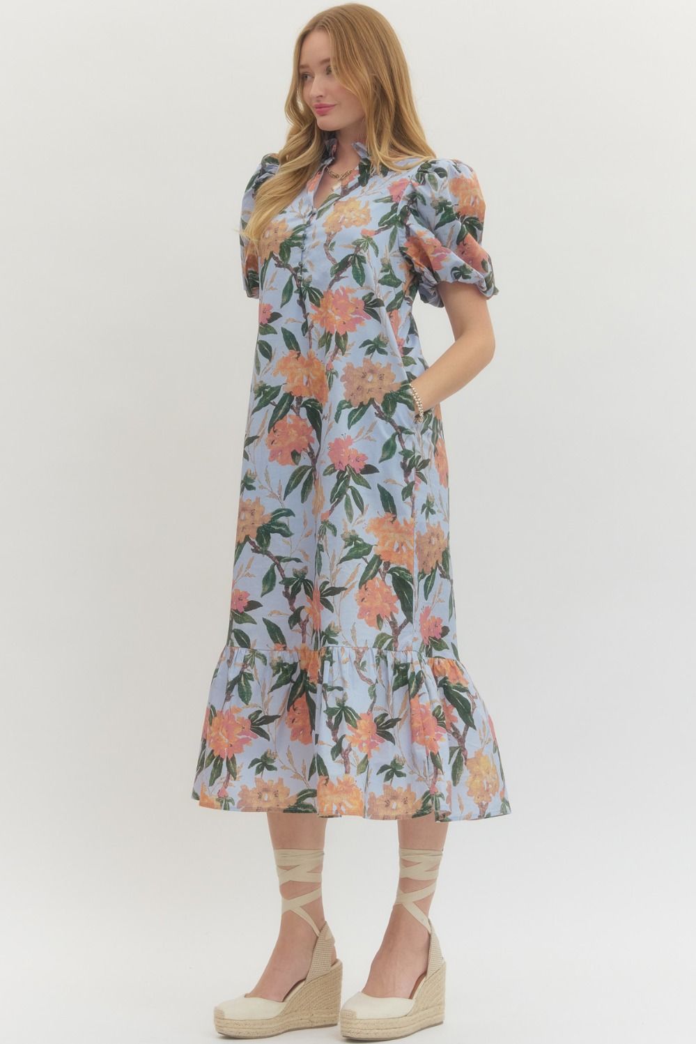 Floral print ruffled neck short puff sleeve midi dress