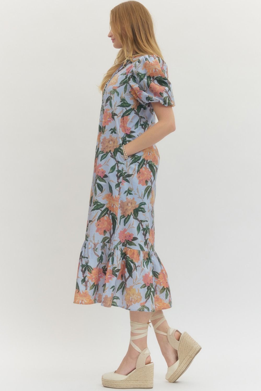 Floral print ruffled neck short puff sleeve midi dress