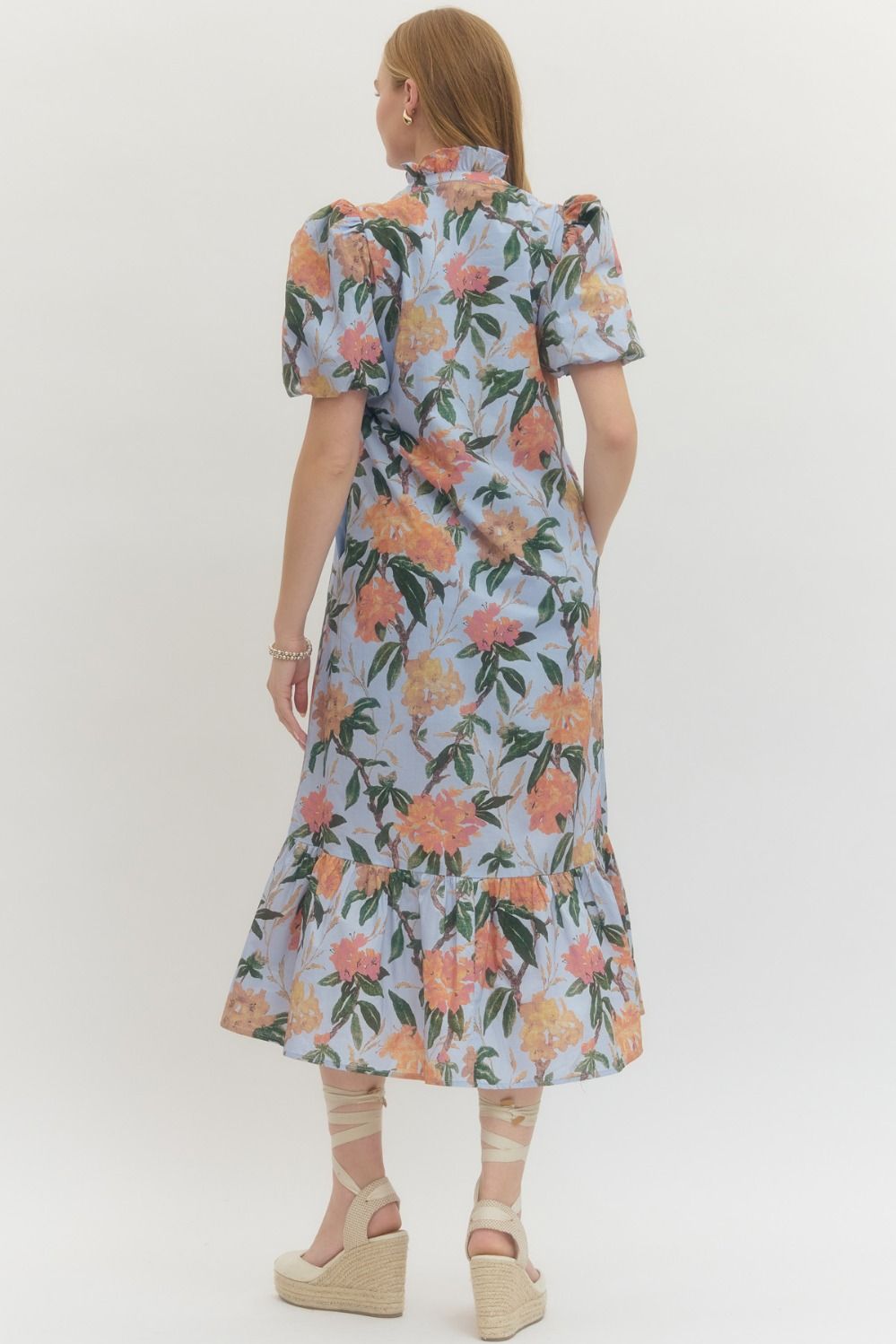 Floral print ruffled neck short puff sleeve midi dress