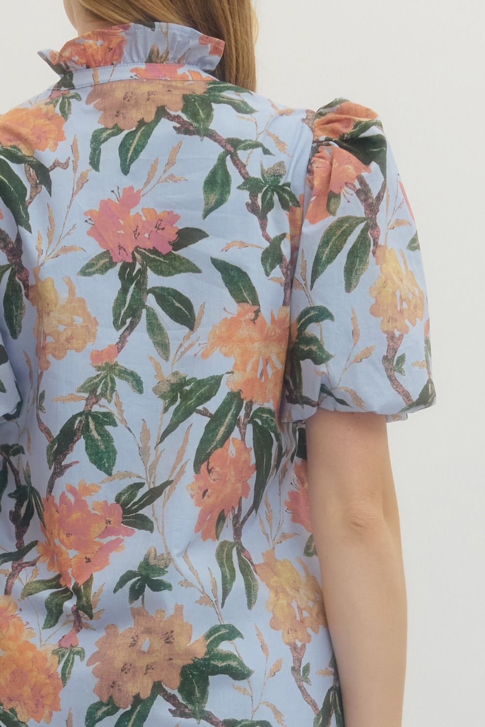 Floral print ruffled neck short puff sleeve midi dress