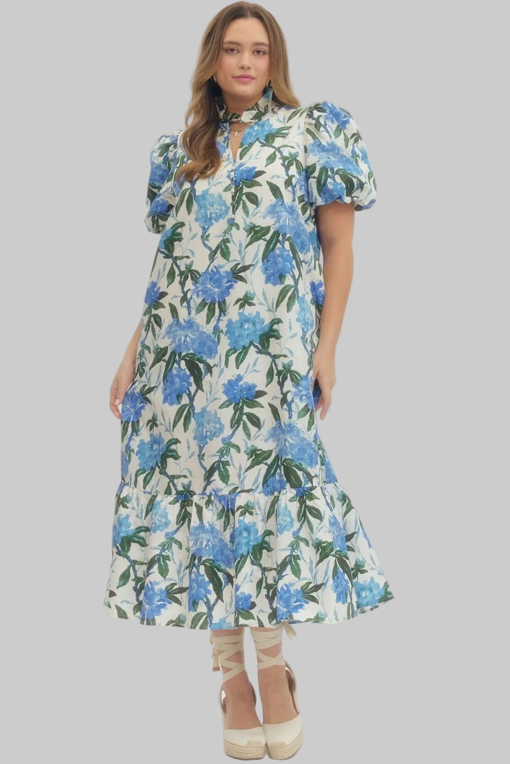 Floral print ruffled neck short puff sleeve midi dress PLUS