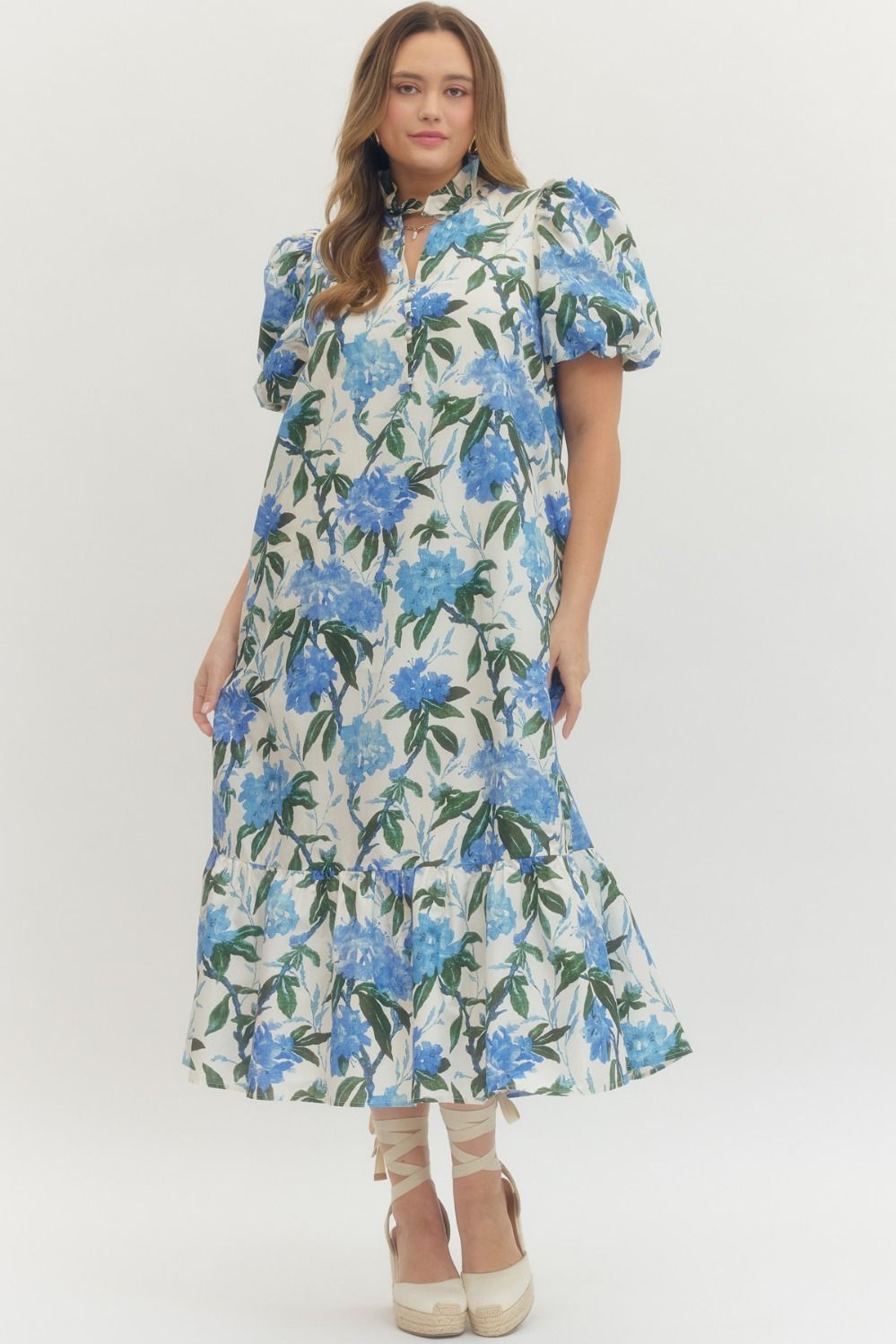 Floral print ruffled neck short puff sleeve midi dress PLUS