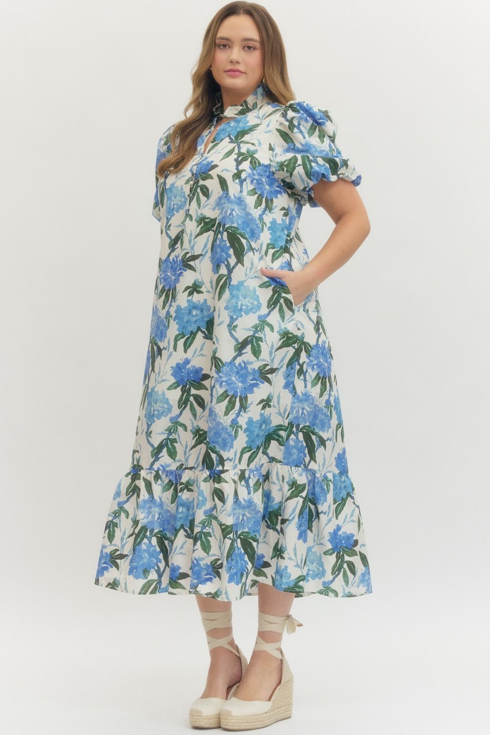 Floral print ruffled neck short puff sleeve midi dress PLUS