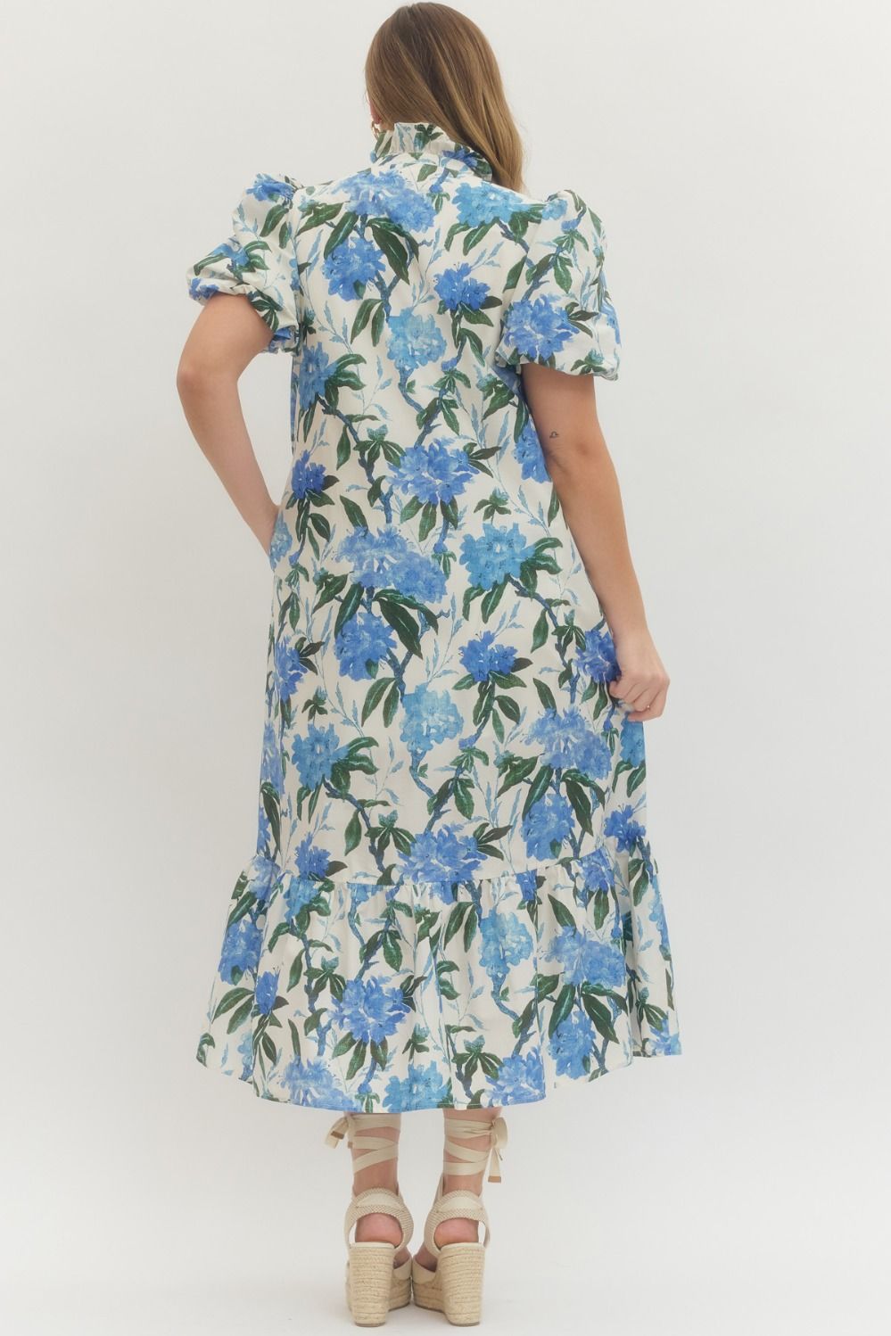Floral print ruffled neck short puff sleeve midi dress PLUS