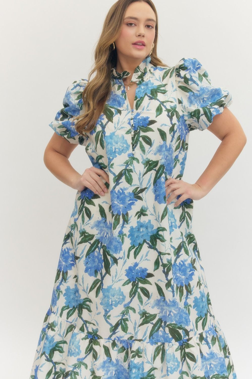 Floral print ruffled neck short puff sleeve midi dress PLUS