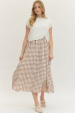 Entro Solid knit short sleeve layered gingham midi dress