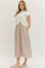 Entro Solid knit short sleeve layered gingham midi dress
