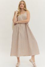 Entro Solid knit short sleeve layered gingham midi dress