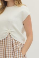 Entro Solid knit short sleeve layered gingham midi dress