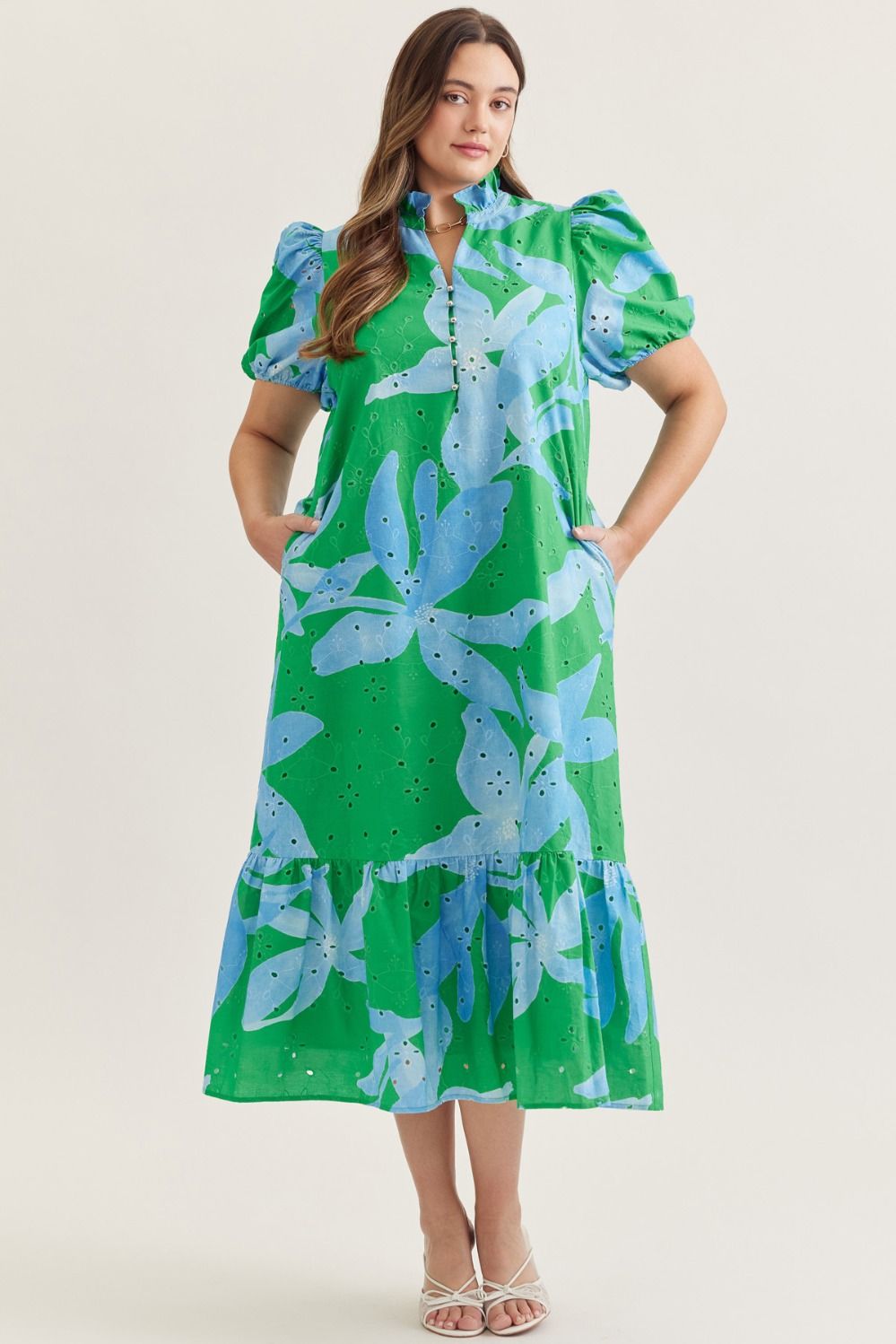 Entro Botanical print puff sleeve eyelit midi dress
