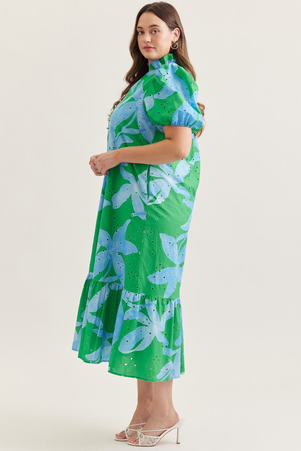 Entro Botanical print puff sleeve eyelit midi dress