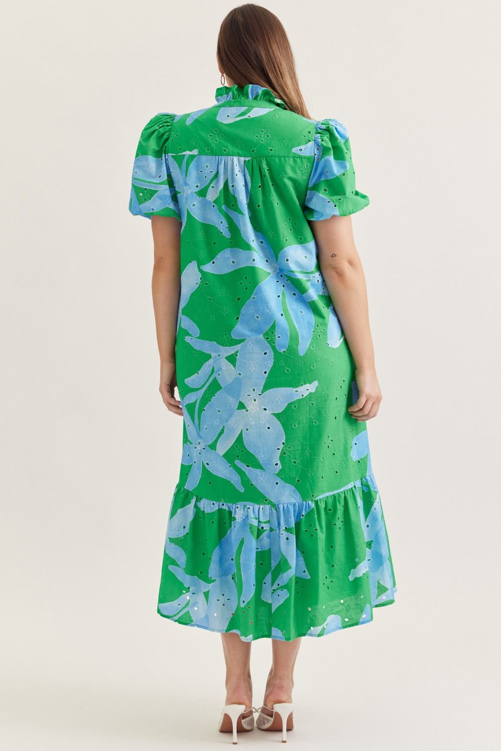 Entro Botanical print puff sleeve eyelit midi dress