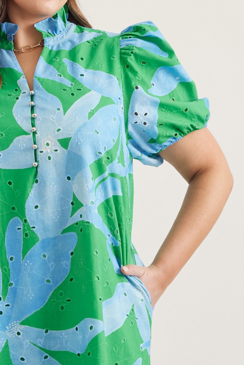 Entro Botanical print puff sleeve eyelit midi dress