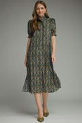 Floral print short puff sleeve midi dress