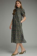 Floral print short puff sleeve midi dress