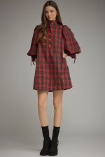 Plaid ¾ balloon sleeve mini dress