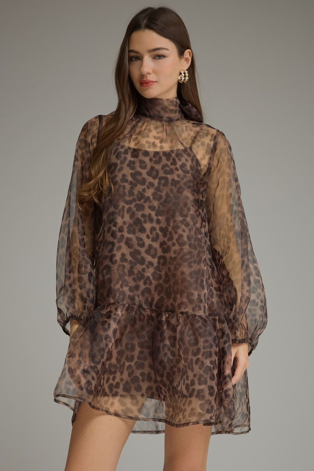 Entro Leopard print long balloon sleeve mini dress