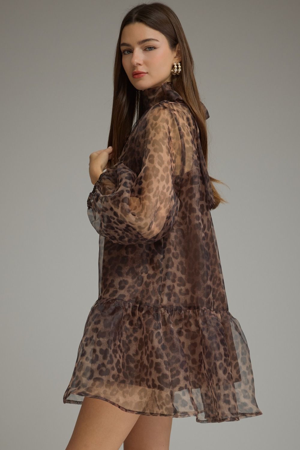 Entro Leopard print long balloon sleeve mini dress