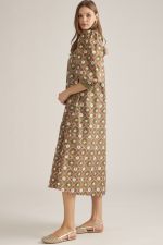 Printed ¾ sleeve midi dress featuring a stand collar