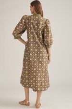 Printed ¾ sleeve midi dress featuring a stand collar
