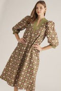 Printed ¾ sleeve midi dress featuring a stand collar