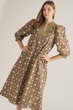 Printed ¾ sleeve midi dress featuring a stand collar