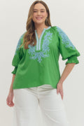 Solid embroidered 3/4 sleeve top