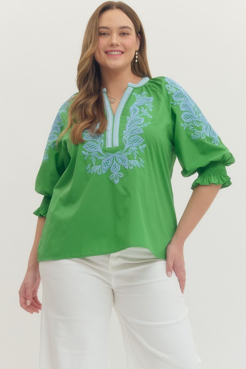 Solid embroidered 3/4 sleeve top