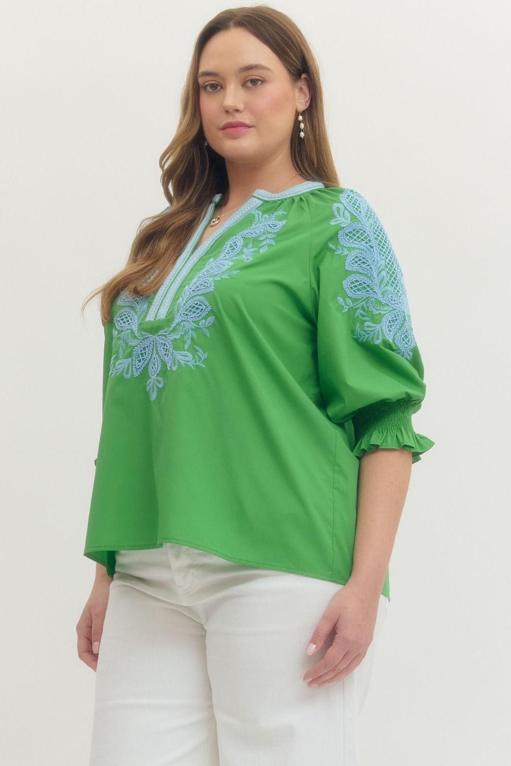 Solid embroidered 3/4 sleeve top