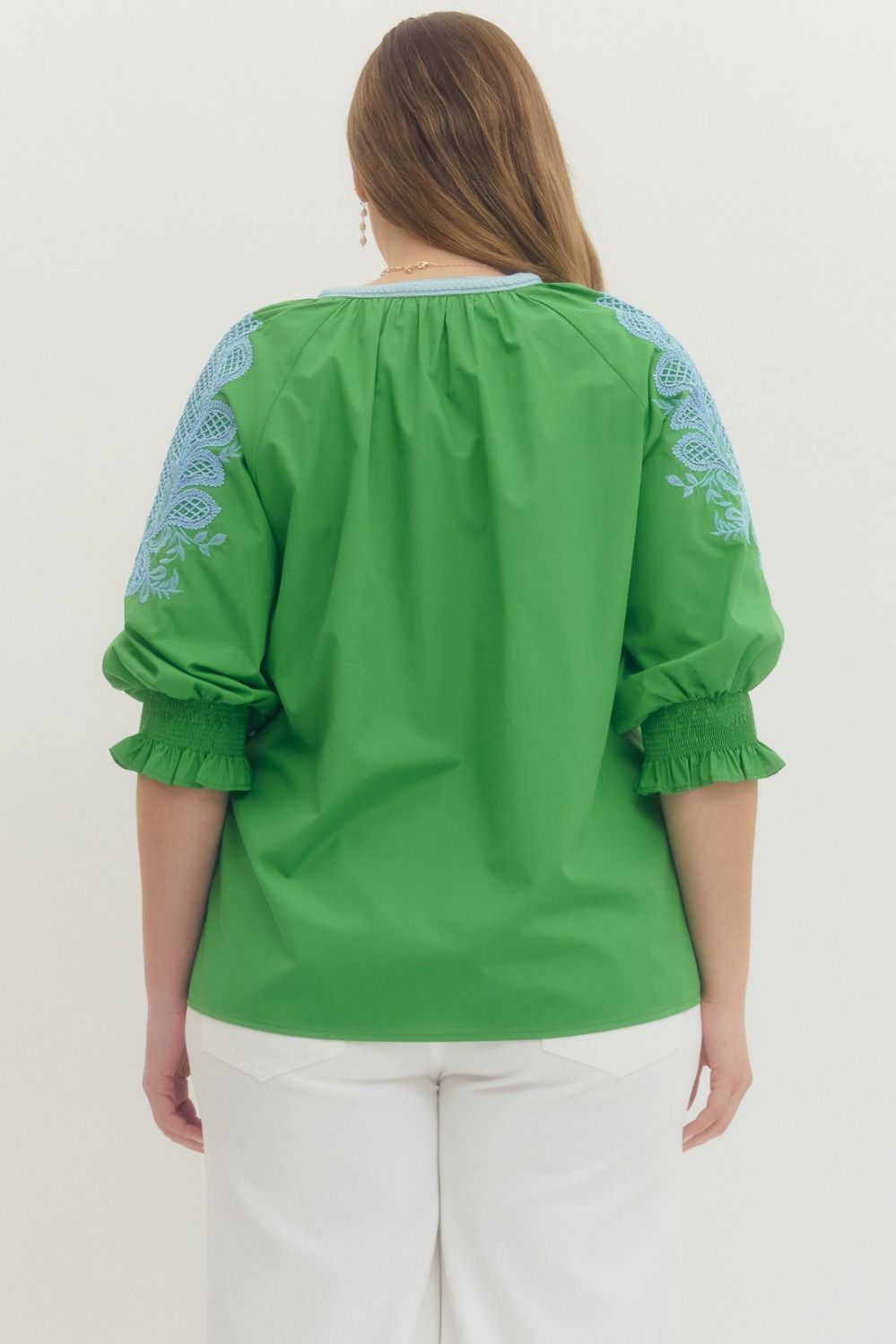 Solid embroidered 3/4 sleeve top