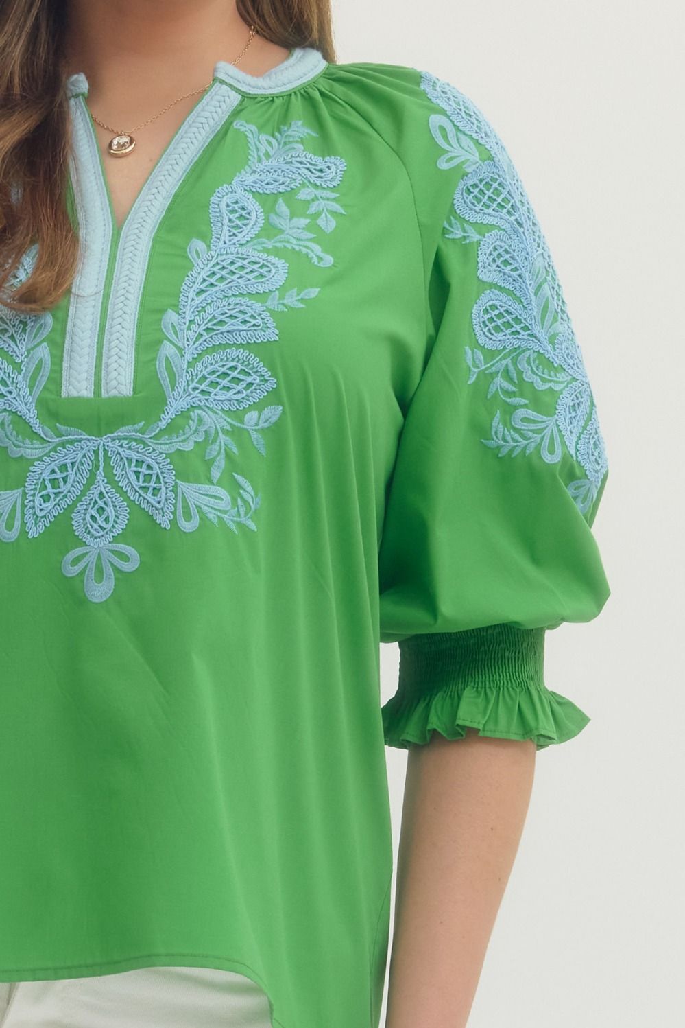Solid embroidered 3/4 sleeve top