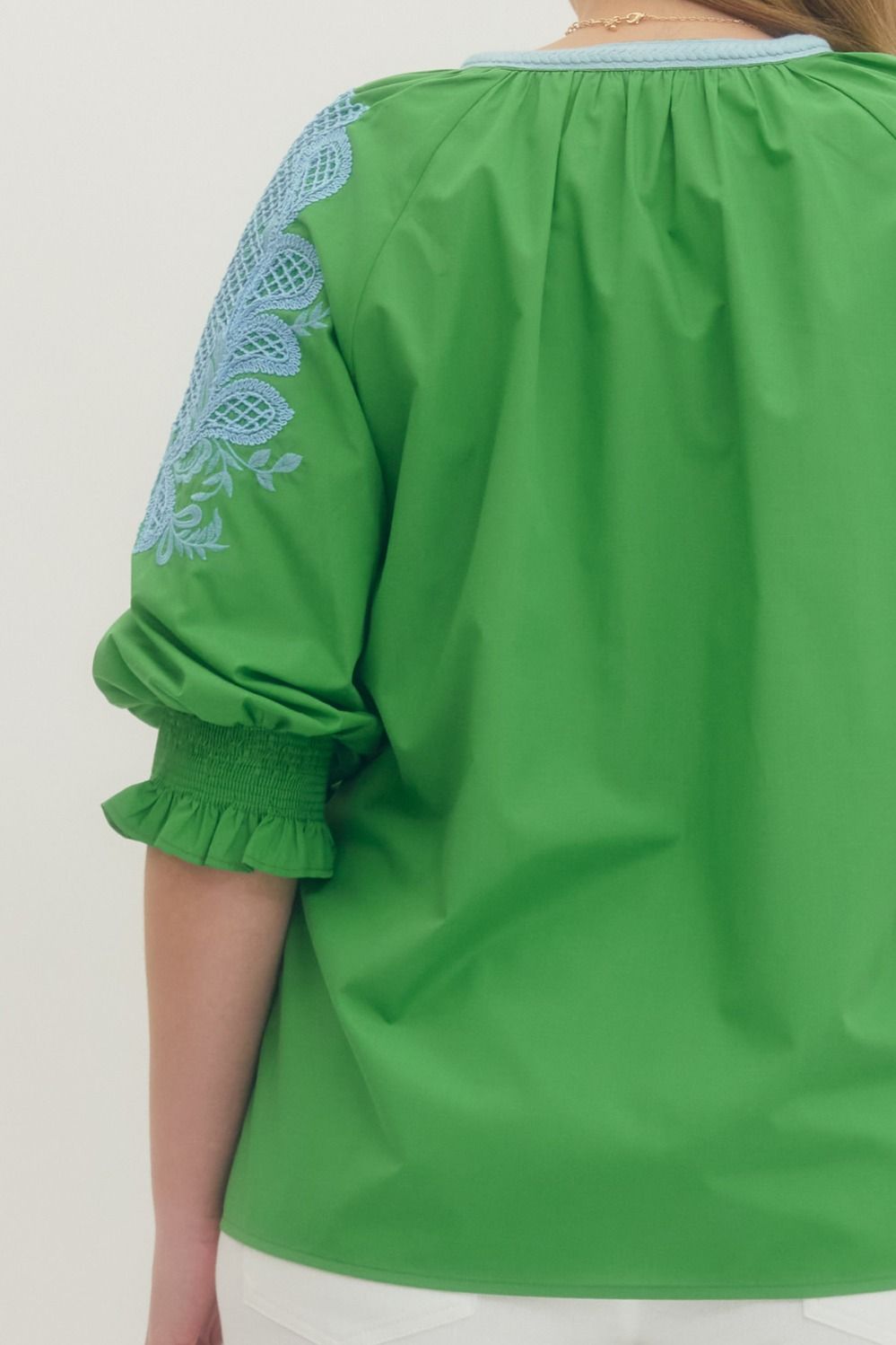 Solid embroidered 3/4 sleeve top