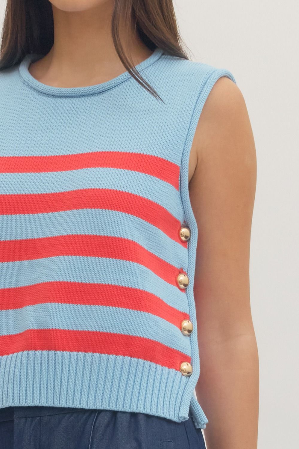 Entro sleeveless blue and red striped sweater
