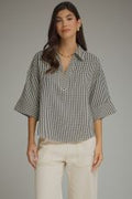 Gingham 3/4 sleeve top featuring V-neck collar detail Top