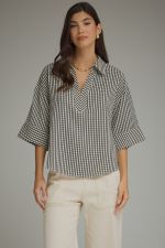 Gingham 3/4 sleeve top featuring V-neck collar detail Top