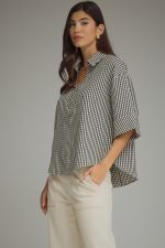 Gingham 3/4 sleeve top featuring V-neck collar detail Top