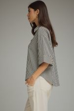 Gingham 3/4 sleeve top featuring V-neck collar detail Top