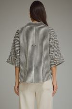 Gingham 3/4 sleeve top featuring V-neck collar detail Top