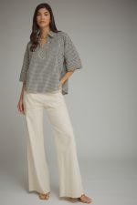 Gingham 3/4 sleeve top featuring V-neck collar detail Top