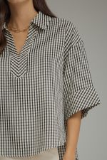 Gingham 3/4 sleeve top featuring V-neck collar detail Top