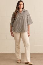 Gingham 3/4 sleeve top featuring V-neck collar detail Top Plus