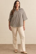 Gingham 3/4 sleeve top featuring V-neck collar detail Top Plus
