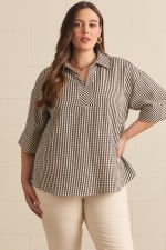 Gingham 3/4 sleeve top featuring V-neck collar detail Top Plus