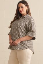 Gingham 3/4 sleeve top featuring V-neck collar detail Top Plus