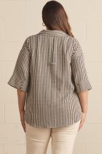 Gingham 3/4 sleeve top featuring V-neck collar detail Top Plus
