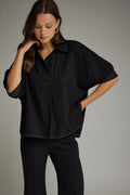 Entro Solid short sleeve split v neck collar black top