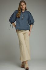 Entro dark denim solid ¾ puff sleeve top