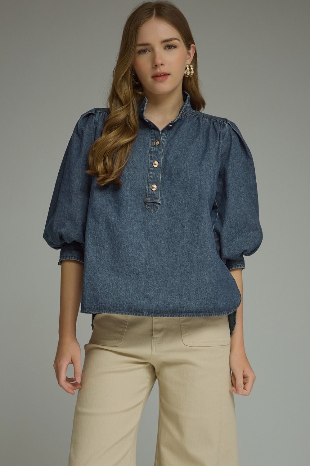 Entro dark denim solid ¾ puff sleeve top